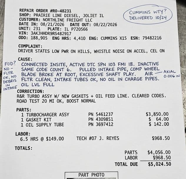 The shop's paper repair order for a turbocharger replacement